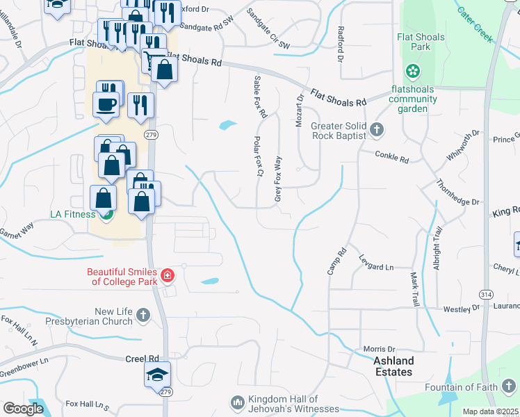 map of restaurants, bars, coffee shops, grocery stores, and more near 6455 Grey Fox in Riverdale