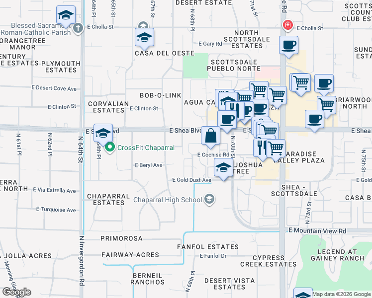 map of restaurants, bars, coffee shops, grocery stores, and more near 6817 East North Lane in Scottsdale