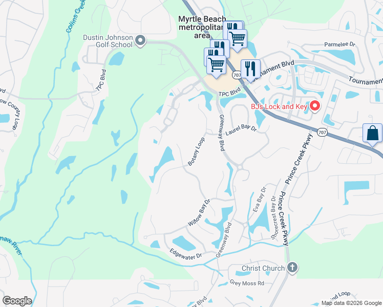 map of restaurants, bars, coffee shops, grocery stores, and more near 624 Misty Hammock Drive in Murrells Inlet
