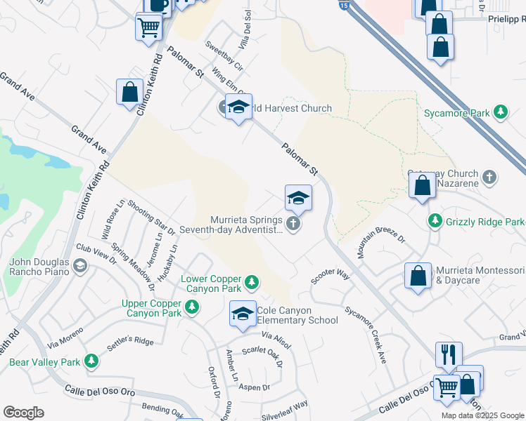 map of restaurants, bars, coffee shops, grocery stores, and more near 37118 Bush Sunflower Court in Wildomar
