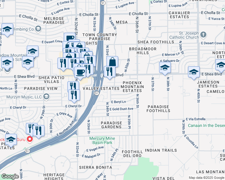 map of restaurants, bars, coffee shops, grocery stores, and more near 3416 East Cochise Road in Phoenix