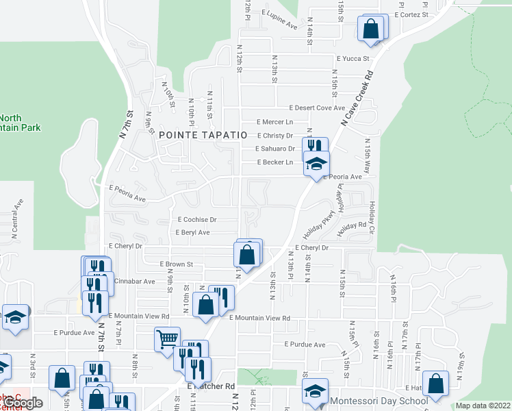 map of restaurants, bars, coffee shops, grocery stores, and more near 10410 North Cave Creek Road in Phoenix
