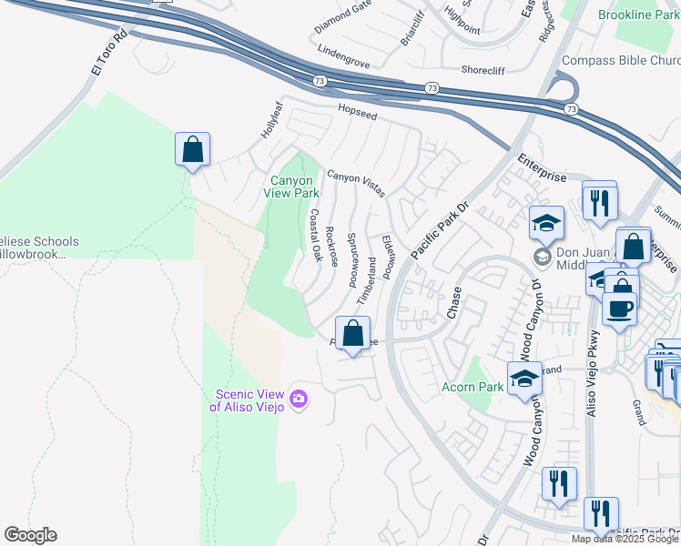 map of restaurants, bars, coffee shops, grocery stores, and more near 58 Rockrose in Aliso Viejo