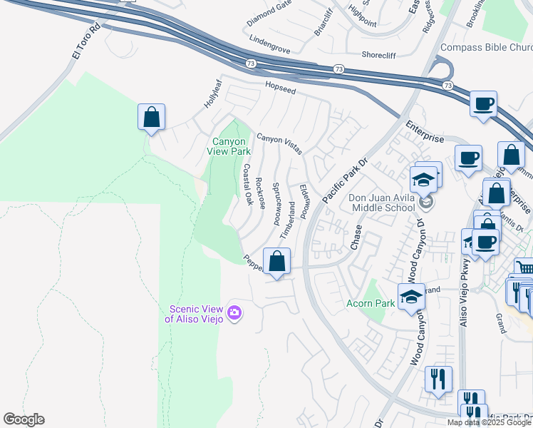 map of restaurants, bars, coffee shops, grocery stores, and more near 58 Rockrose in Aliso Viejo