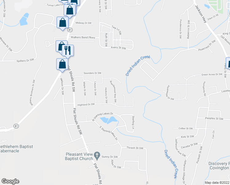 map of restaurants, bars, coffee shops, grocery stores, and more near Brandywood Way Southwest in Covington