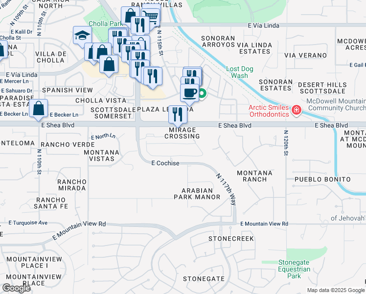 map of restaurants, bars, coffee shops, grocery stores, and more near 11500 East Cochise Drive in Scottsdale