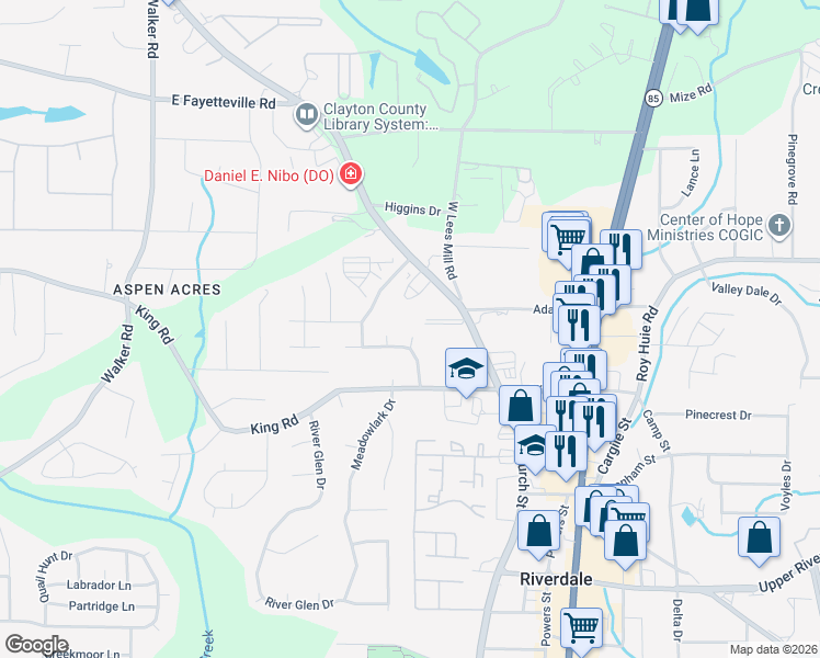 map of restaurants, bars, coffee shops, grocery stores, and more near 6389 Fox Chase Court in Riverdale