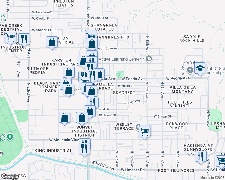 map of restaurants, bars, coffee shops, grocery stores, and more near 10255 North 17th Drive in Phoenix