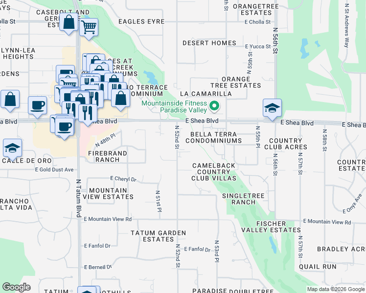 map of restaurants, bars, coffee shops, grocery stores, and more near 10401 North 52nd Street in Paradise Valley