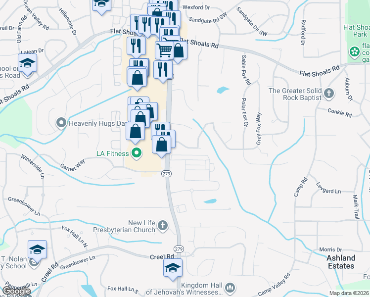 map of restaurants, bars, coffee shops, grocery stores, and more near 2372 Hackamore Drive in Atlanta