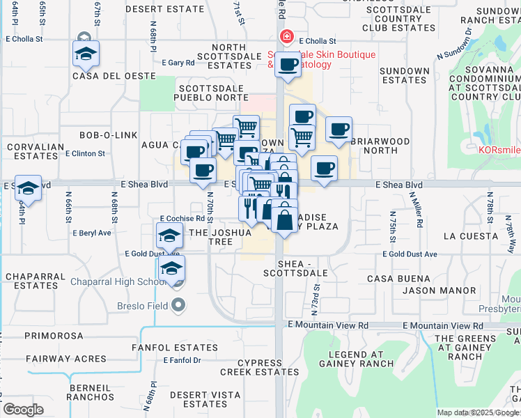 map of restaurants, bars, coffee shops, grocery stores, and more near 10392 North Scottsdale Road in Scottsdale