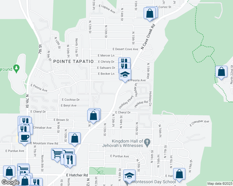 map of restaurants, bars, coffee shops, grocery stores, and more near 10410 North Cave Creek Road in Phoenix