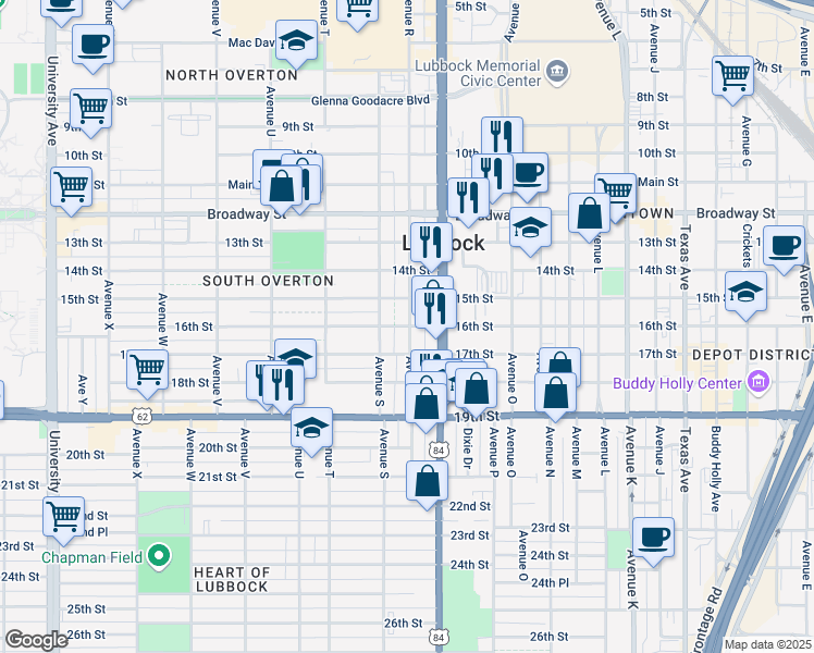 map of restaurants, bars, coffee shops, grocery stores, and more near 1707 16th Street in Lubbock