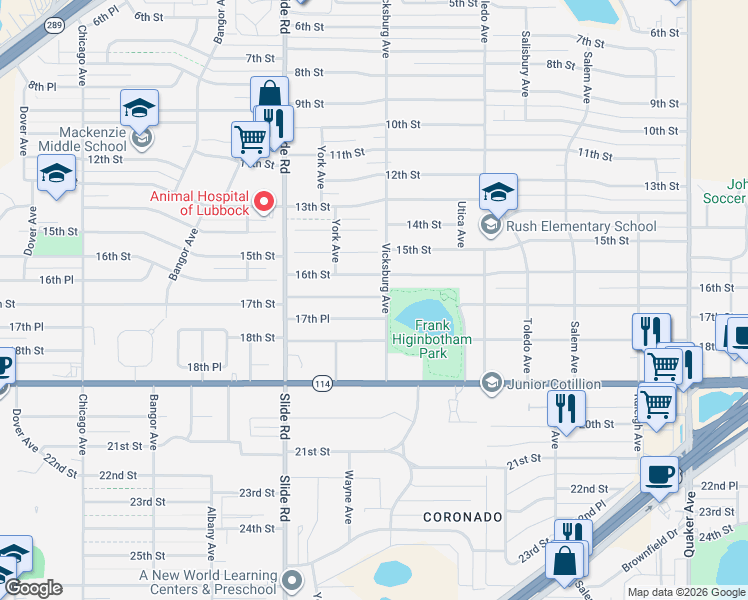 map of restaurants, bars, coffee shops, grocery stores, and more near 4908 17th Place in Lubbock