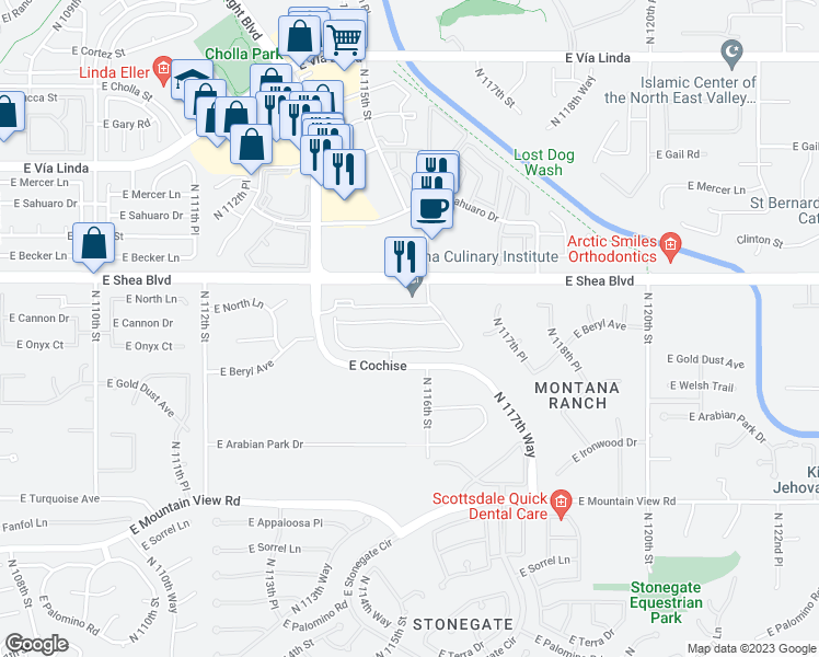 map of restaurants, bars, coffee shops, grocery stores, and more near 11500 East Cochise Drive in Scottsdale