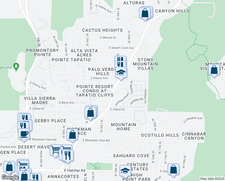 map of restaurants, bars, coffee shops, grocery stores, and more near 10410 North Cave Creek Road in Phoenix