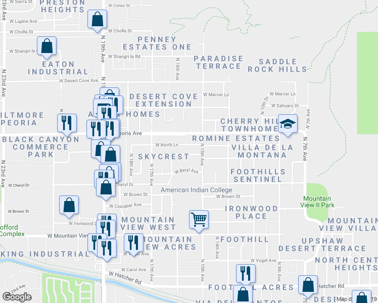 map of restaurants, bars, coffee shops, grocery stores, and more near 1517 West Cochise Drive in Phoenix