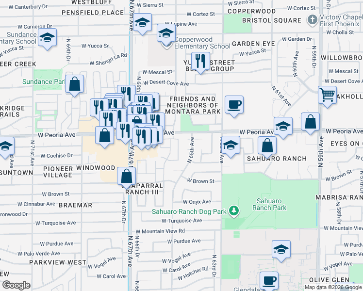 map of restaurants, bars, coffee shops, grocery stores, and more near 10325 North 65th Drive in Glendale