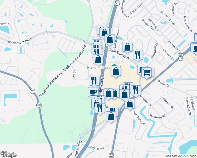 map of restaurants, bars, coffee shops, grocery stores, and more near in Garden City