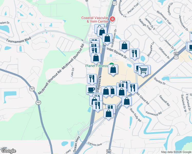 map of restaurants, bars, coffee shops, grocery stores, and more near in Garden City