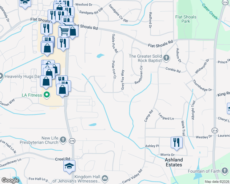 map of restaurants, bars, coffee shops, grocery stores, and more near 6455 Grey Fox Way in Riverdale