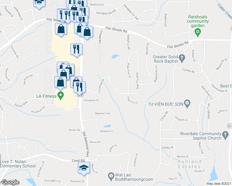 map of restaurants, bars, coffee shops, grocery stores, and more near 6454 Grey Fox Way in Riverdale