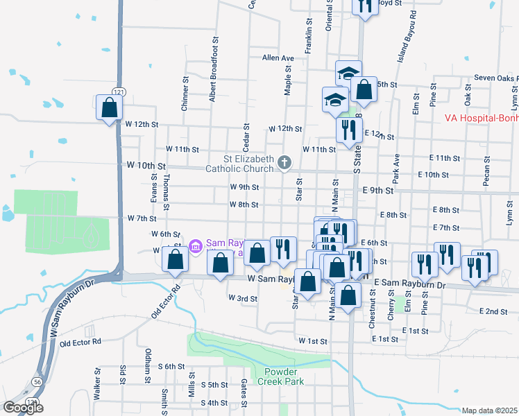 map of restaurants, bars, coffee shops, grocery stores, and more near 702 Cedar Street in Bonham