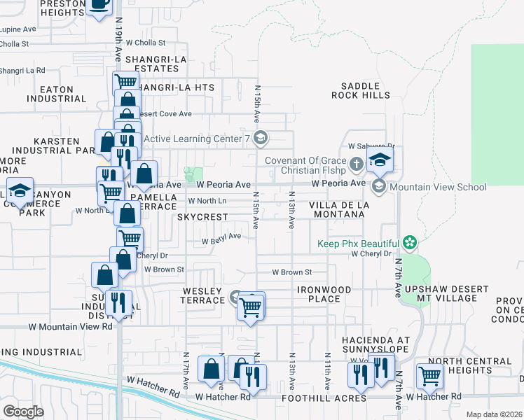 map of restaurants, bars, coffee shops, grocery stores, and more near 1424 West Cochise Drive in Phoenix