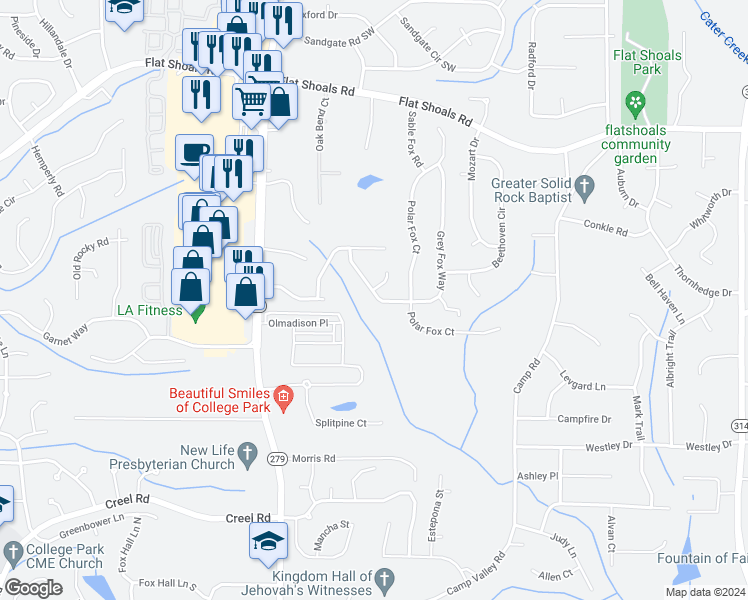 map of restaurants, bars, coffee shops, grocery stores, and more near 6454 Grey Fox Way in Riverdale