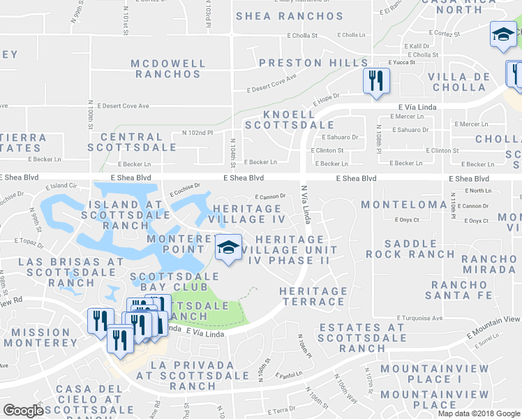 map of restaurants, bars, coffee shops, grocery stores, and more near 10486 East Cochise Avenue in Scottsdale
