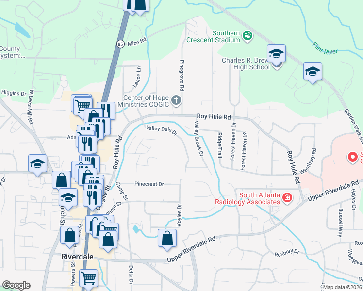 map of restaurants, bars, coffee shops, grocery stores, and more near 6396 Valley Dale Drive in Riverdale
