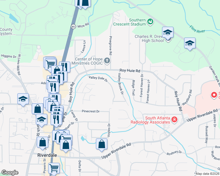 map of restaurants, bars, coffee shops, grocery stores, and more near 6396 Valley Dale Drive in Riverdale