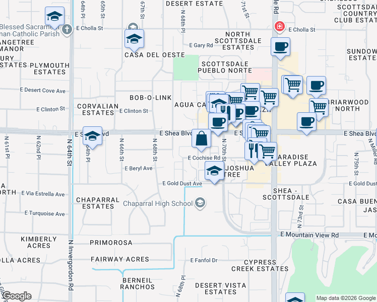 map of restaurants, bars, coffee shops, grocery stores, and more near 10444 North 69th Street in Scottsdale