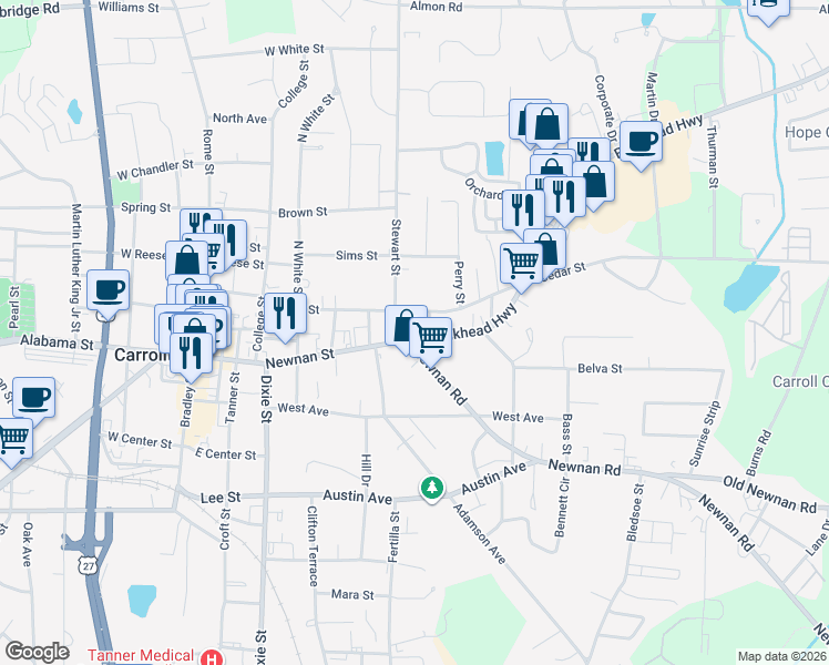 map of restaurants, bars, coffee shops, grocery stores, and more near 102 Bankhead Highway in Carrollton