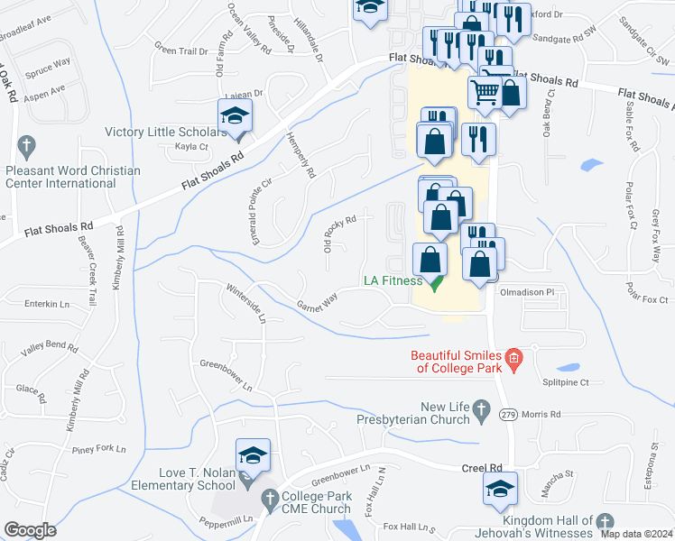 map of restaurants, bars, coffee shops, grocery stores, and more near 910 Old Rocky Road in College Park