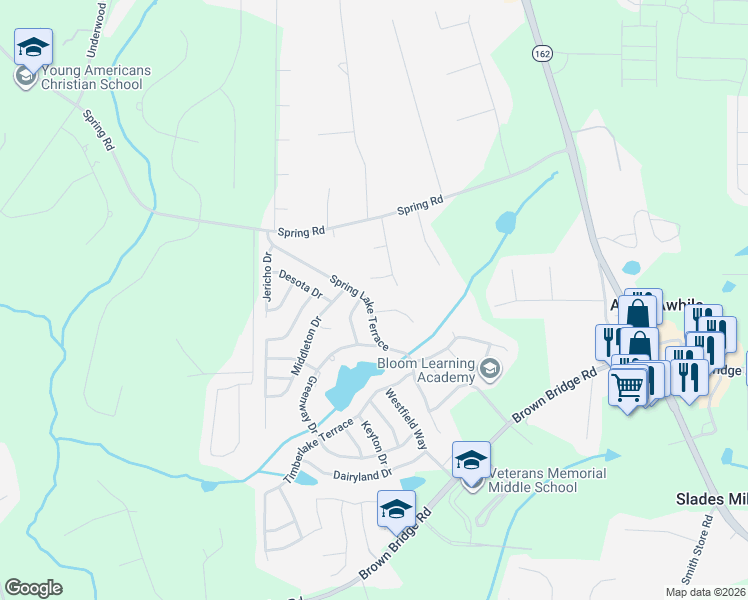map of restaurants, bars, coffee shops, grocery stores, and more near 230 Spring Lake Terrace in Covington