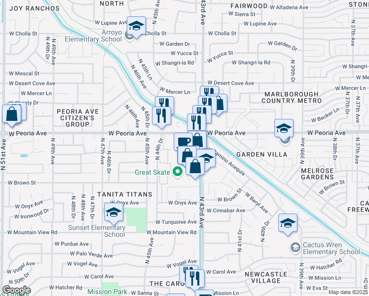 map of restaurants, bars, coffee shops, grocery stores, and more near 10404 North 43rd Avenue in Glendale
