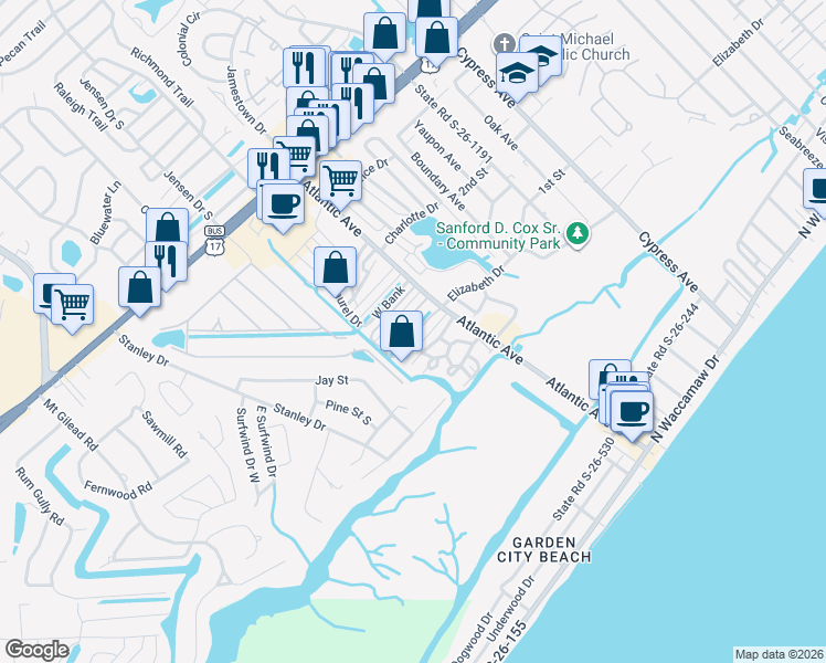 map of restaurants, bars, coffee shops, grocery stores, and more near 409 Delton Drive in Murrells Inlet