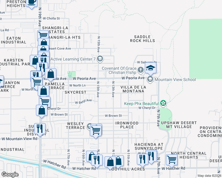 map of restaurants, bars, coffee shops, grocery stores, and more near 1240 West Cochise Drive in Phoenix