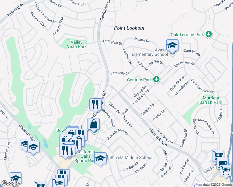 map of restaurants, bars, coffee shops, grocery stores, and more near 40015 Festival Road in Murrieta