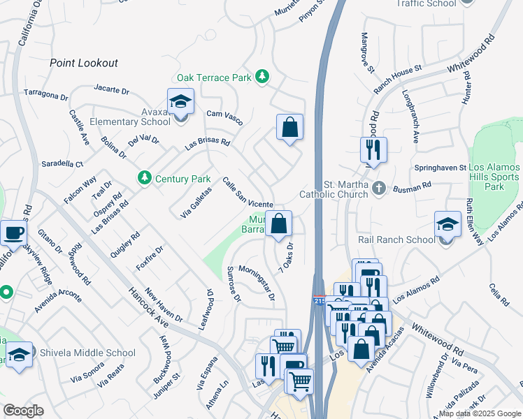 map of restaurants, bars, coffee shops, grocery stores, and more near 24599 Calle San Vicente in Murrieta