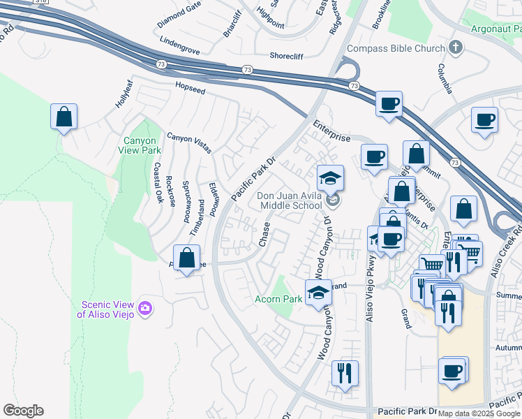 map of restaurants, bars, coffee shops, grocery stores, and more near 101 Carlsbad Lane in Aliso Viejo