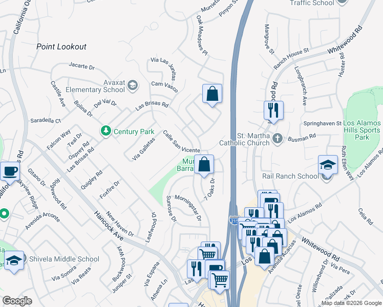 map of restaurants, bars, coffee shops, grocery stores, and more near 24599 Calle San Vicente in Murrieta