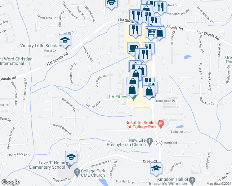 map of restaurants, bars, coffee shops, grocery stores, and more near 2673 Rocky Court in Atlanta