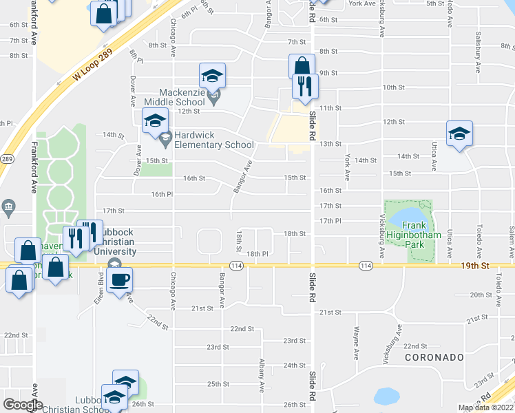 map of restaurants, bars, coffee shops, grocery stores, and more near 5226 17th Street in Lubbock