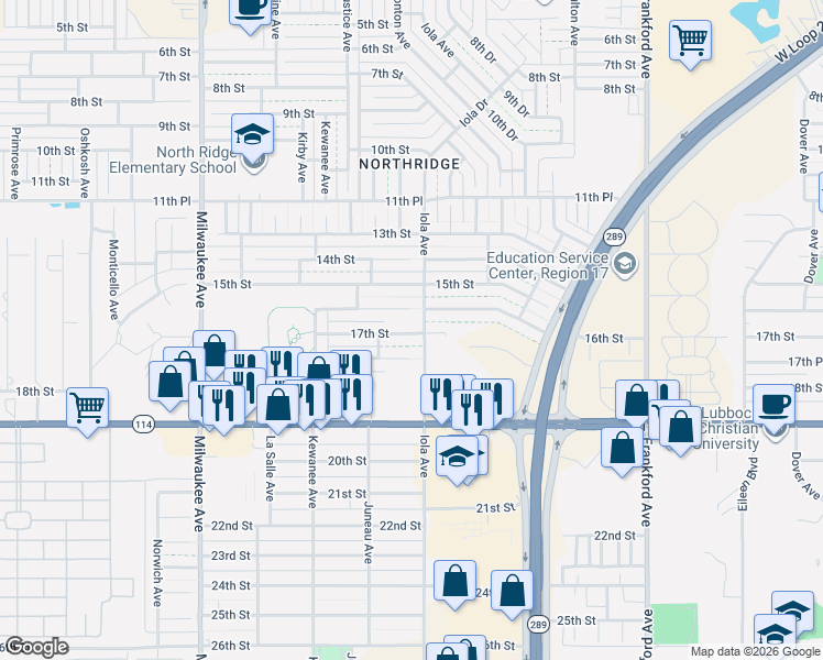 map of restaurants, bars, coffee shops, grocery stores, and more near 6105 17th Street in Lubbock