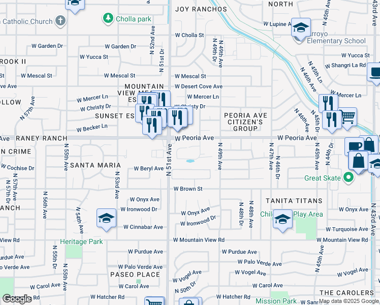 map of restaurants, bars, coffee shops, grocery stores, and more near 4949 West Peoria Avenue in Glendale