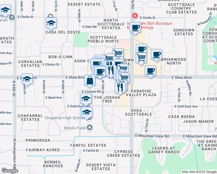 map of restaurants, bars, coffee shops, grocery stores, and more near 7010 East Cochise Road in Scottsdale