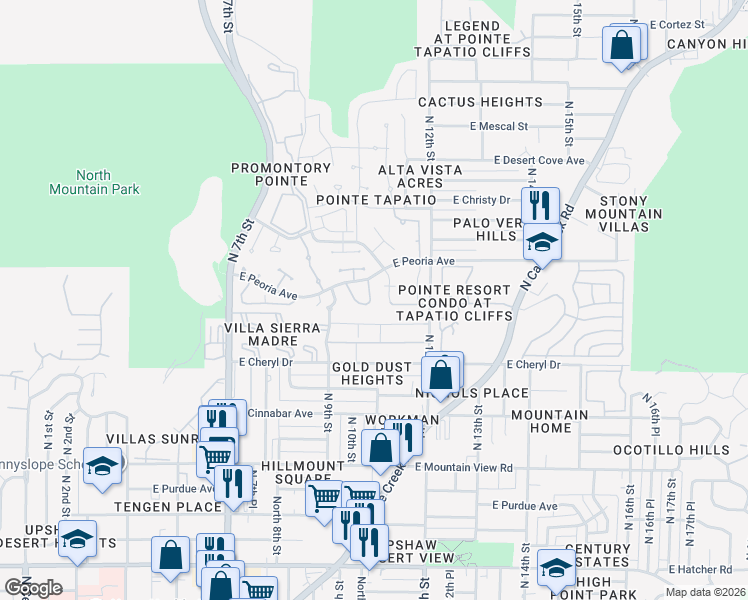 map of restaurants, bars, coffee shops, grocery stores, and more near 10407 North 10th Place in Phoenix