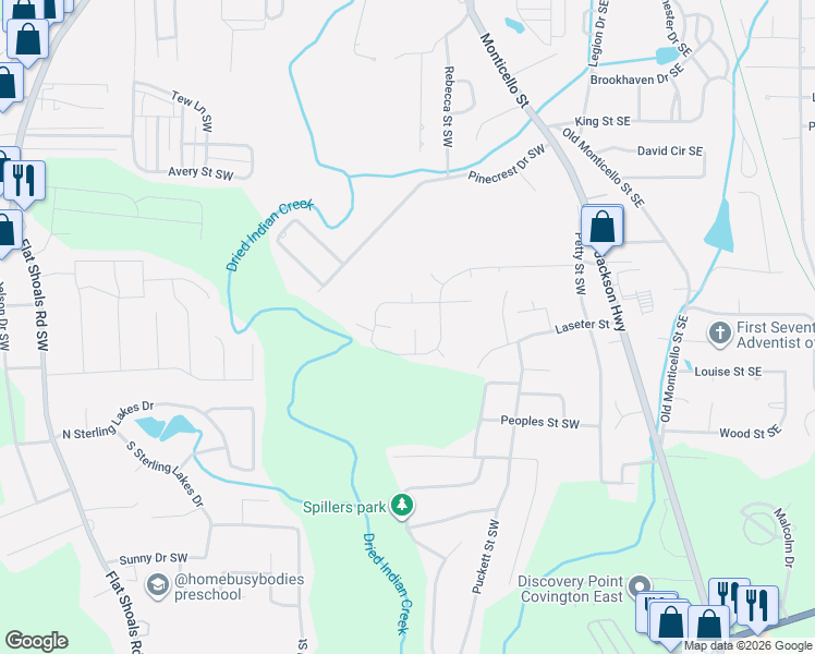 map of restaurants, bars, coffee shops, grocery stores, and more near 7124 Green Acres Court Southwest in Covington